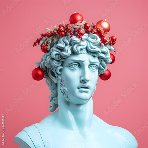 A beautiful statue of Apollo whose head is decorated with red Christmas balls. Modern minimal concept of the new year. Pastel red background