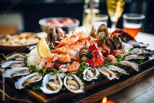 Seacuterie Platter - Elegant presentation of assorted seafood, with scallops, seaweed, and oysters on a wooden board - AI Generated photo