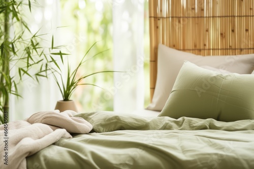 Biophilic Design - Bedroom infused with nature, including a green wall, bamboo sheets, and earthy tones - AI Generated