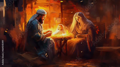 Holy Family nativity scene, modern painting, generative ai