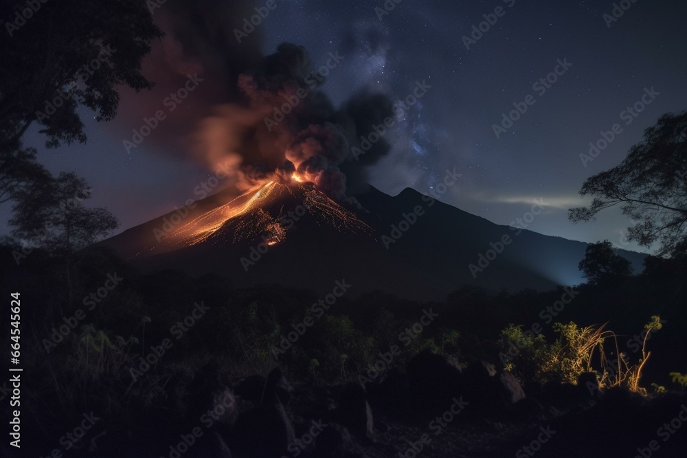 nighttime eruption of a volcano in Guatemala on April 21, 2018. Generative AI