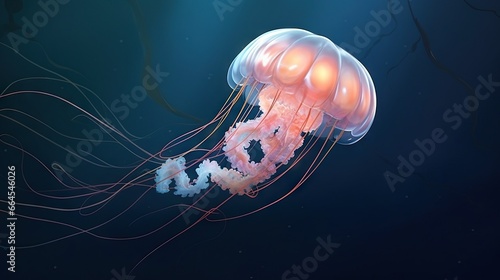  a pink jellyfish floating in the water with a dark background. generative ai