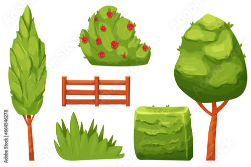 Set Hedge green bush forest or backyard plant with leaves, tree, wooden fence in cartoon style isolated on white ackground. Game decoration, clip art.