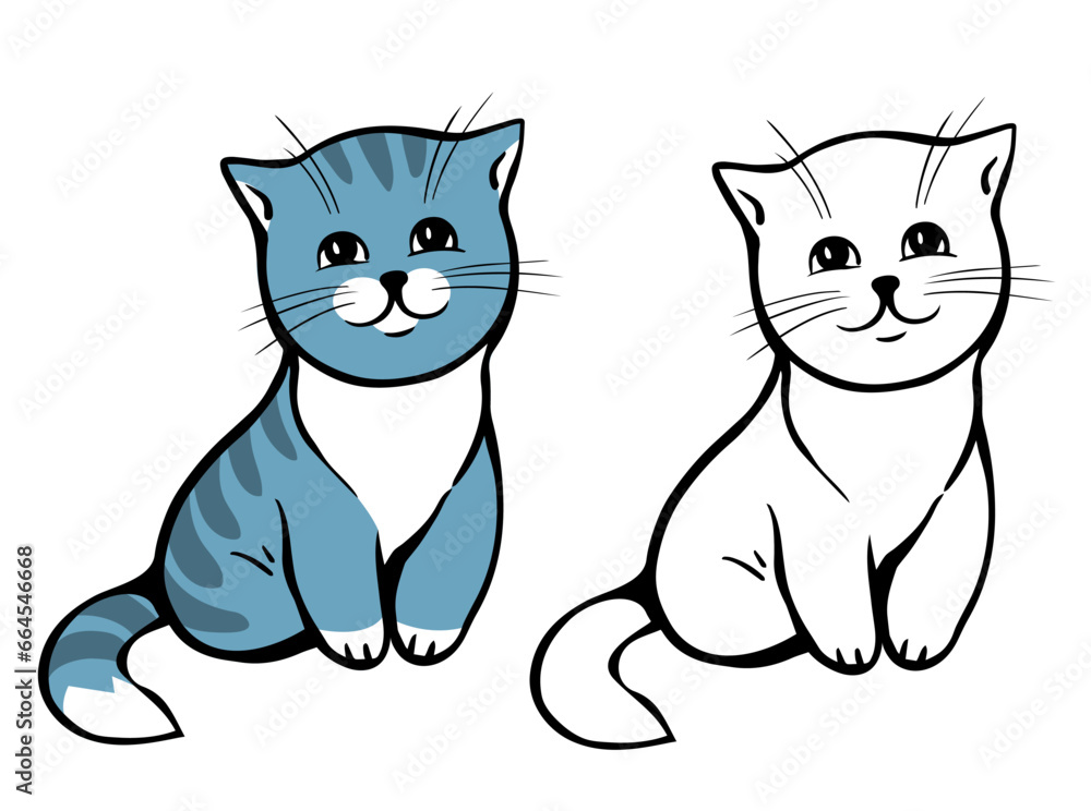 Striped tabby kitten. Home pet. Cartoon vector illustration black and color. Hand drawn line. Coloring for kids