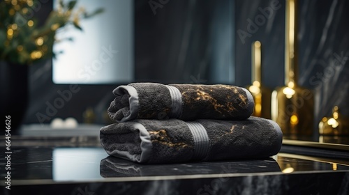 Black towels on marble desk and blurred modern black and gold bathroom