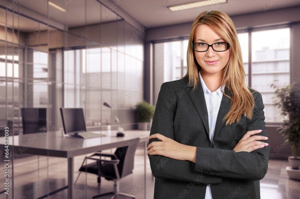 Portrait of young happy woman posing at office, AI generated image Portrait of young happy woman posing at office, AI generated image