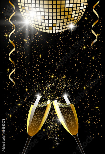 Illustration of champagne glasses toasting under the disco ball