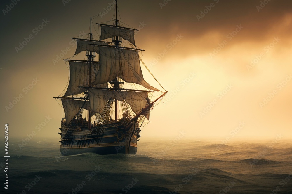 A ship sailing alone on the sea. Generative AI