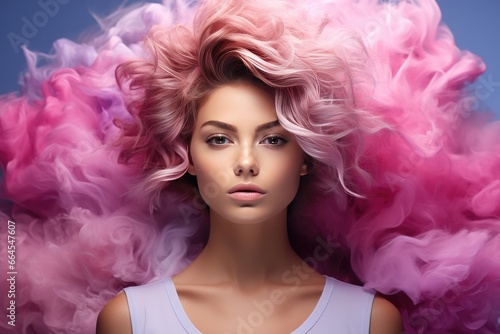 A young woman enveloped by a vibrant pink and purple cloud of smoke against an isolated pastel blue background, creating a dreamy and surreal atmosphere.