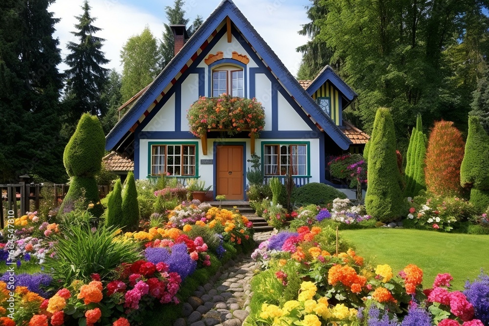 Lovely house surrounded by vibrant flowers and scenic garden landscape. Generative AI