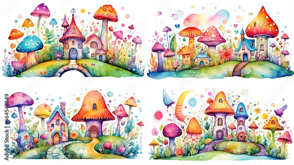 watercolor style cartoon illustration of fable fairytale mushroom house village with blossom flower isolated on white background, collection set, Generative Ai - obrazy, fototapety, plakaty 