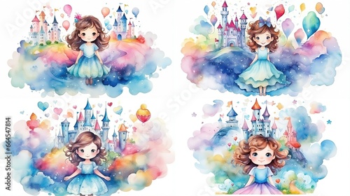 watercolor style cartoon illustration of a girl in front of fable fairytale castle isolated on white background, collection set, Generative Ai	

