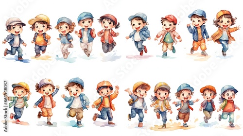 Wallpaper Mural watercolor style illustration young kids go to school together, happy expression, isolated on white background, collection set,  Generative Ai	
 Torontodigital.ca
