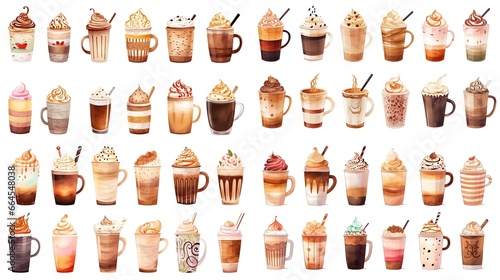 watercolor style illustration of glass of cold coffee with whipped cream, collection set, Generative Ai 