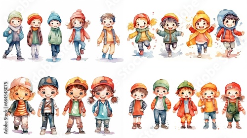 Wallpaper Mural  watercolor style cartoon illustration of  a group of kids boys and girls happily walking together, collection set, Generative Ai Torontodigital.ca