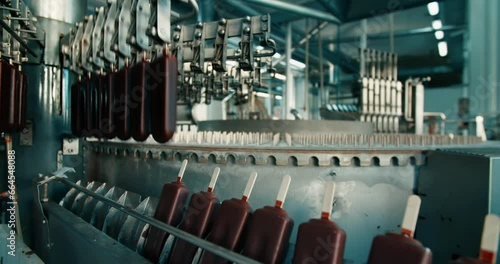 Automated ice cream production line. Chocolate ice cream on a conveyor belt.