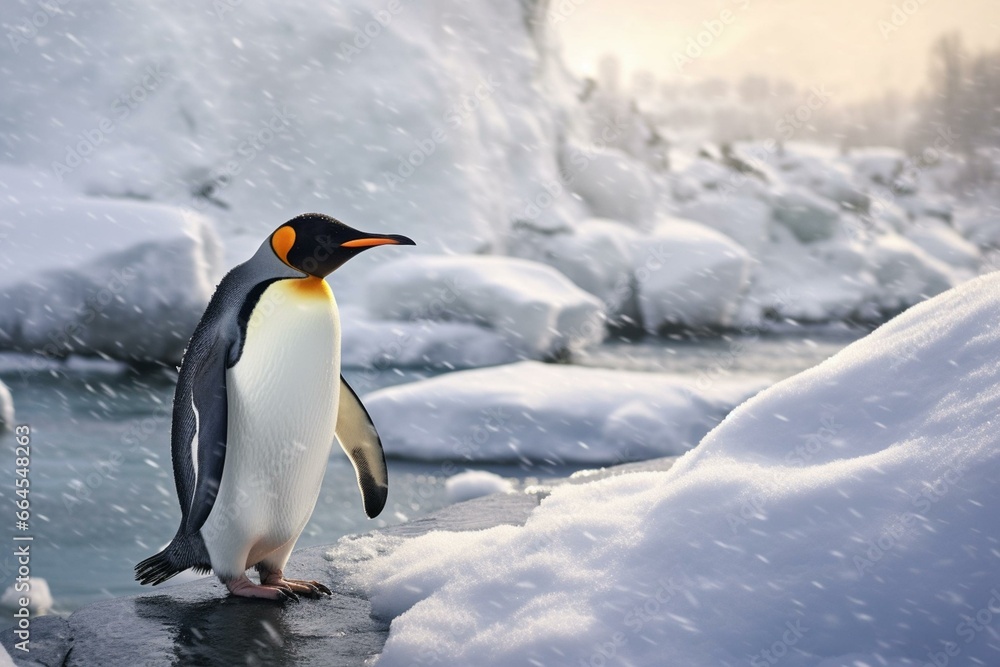 penguin in snowy scene, panoramic view. Generative AI
