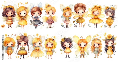 watercolor cartoon style illustration of cute happy fairy angel, queen bee play together, isolated on white background collection set, generative Ai 
