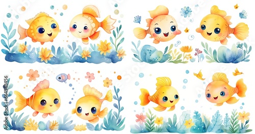 watercolor cartoon illustration of golden fish in underwater world, collection set, Generative Ai