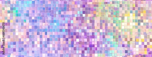 Seamless iridescent silver holographic chrome foil vaporwave mosaic square background texture. Pearlescent pastel rainbow prism pixel glitch effect pattern. Retro 80s webpunk abstract