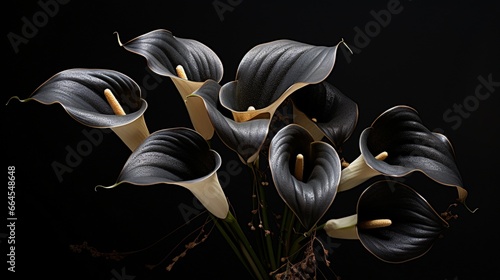 a bouquet of rare, exotic black calla lilies, set against a dark background to highlight their striking beauty. photo