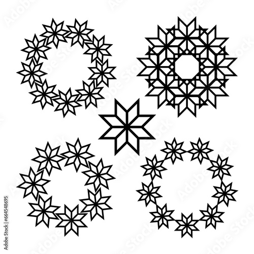 Folk scandinavian star or flower. Happy new year and merry christmas concept. Round frames