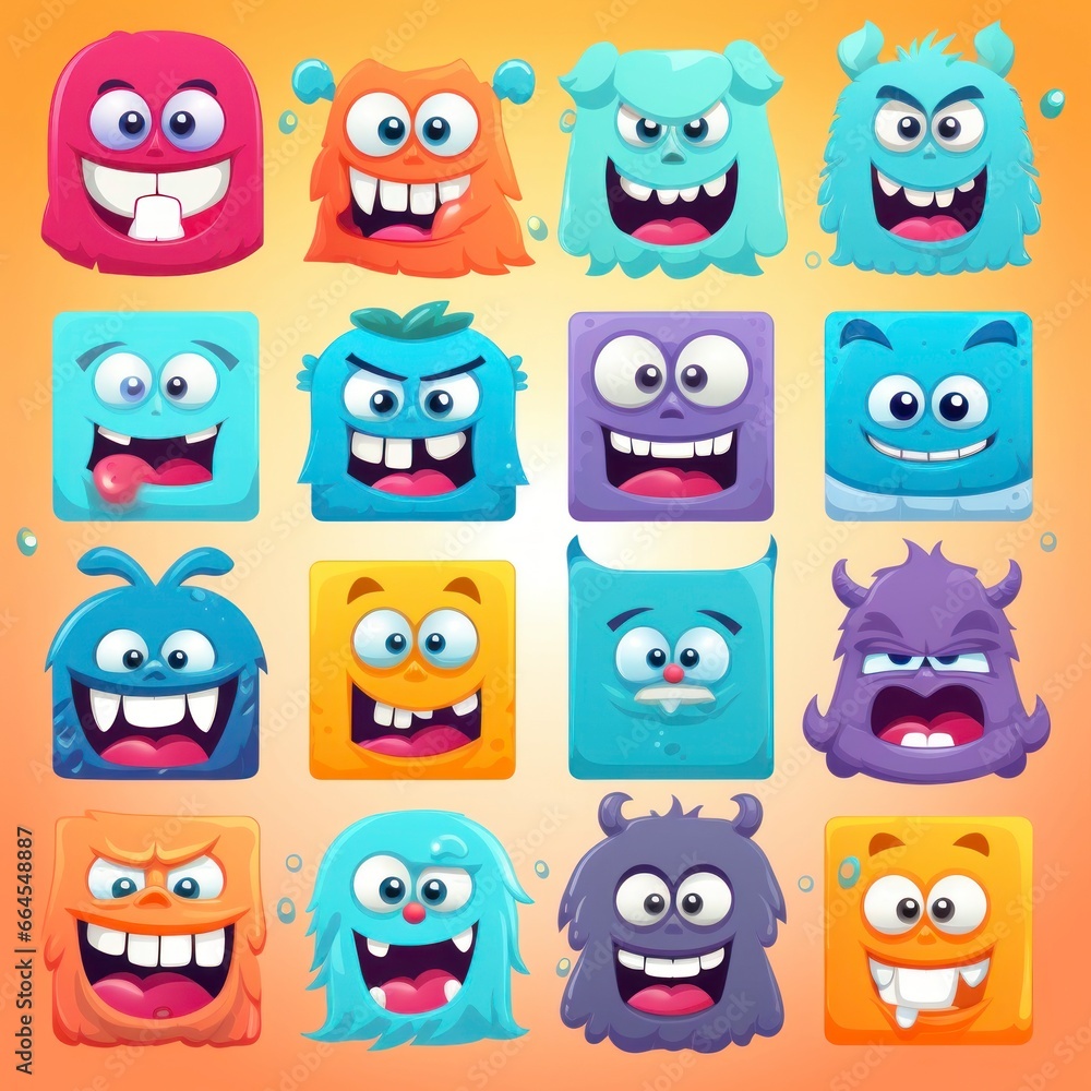 cartoon caricatures with big teeth, small and big ears, many expressions, hair