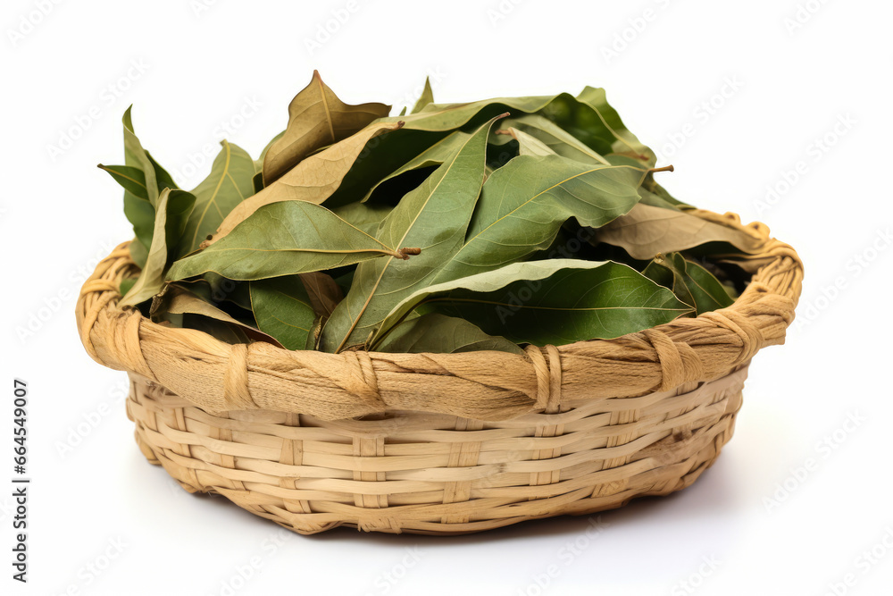 Obraz premium Basket filled with leaves on top of white table.