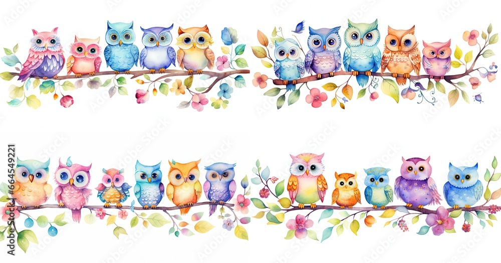 watercolor cartoon illustration, bird family perch on tree branch isolated on white background, collection set, Generative Ai