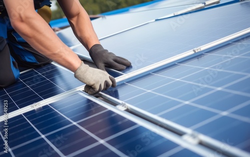 Technician on a rooftop installing a solar panel.