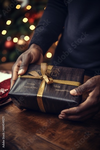 Close-up of adult person hands wrapping a Christmas gift