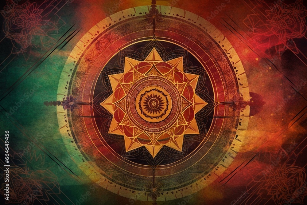 Meditative backdrop showcasing vibrant Sri Yantra in a colorful mandala design. Generative AI