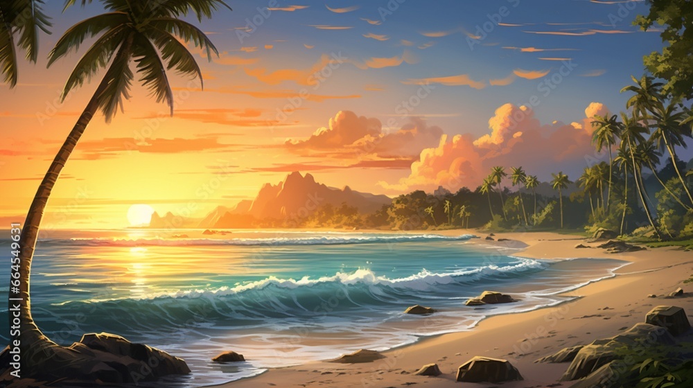 a breathtaking scene of a hidden paradise, with palm trees casting long shadows on the soft, sandy shores as the sun dips below the ocean's edge.