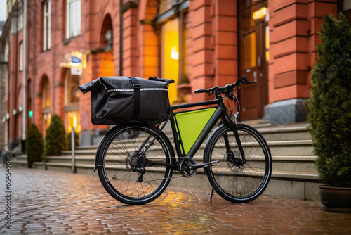 Bicycle with bag on the city street at night. Travel concept.