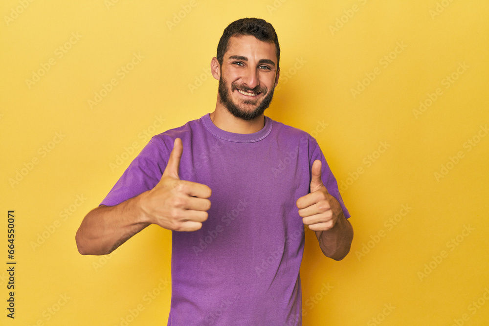Young Hispanic man on yellow background raising both thumbs up, smiling and confident. Young Hispanic man on yellow background raising both thumbs up, smiling and confident.