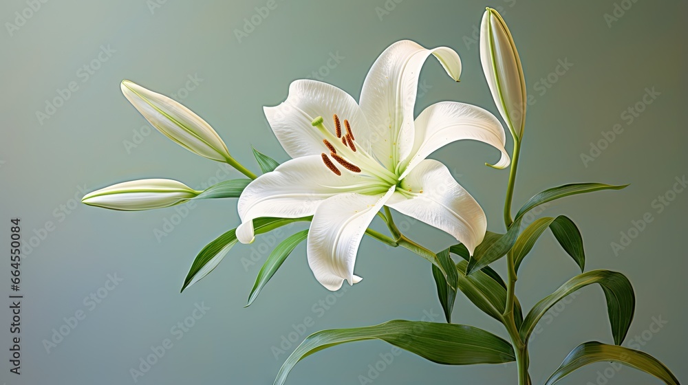 a white flower with green leaves in a vase on a table. generative ai a white flower with green leaves in a vase on a table. generative ai