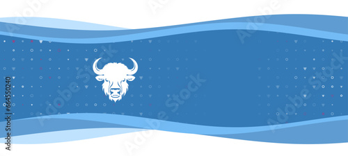 Blue wavy banner with a white buffalo head symbol on the left. On the background there are small white shapes, some are highlighted in red. There is an empty space for text on the right side
