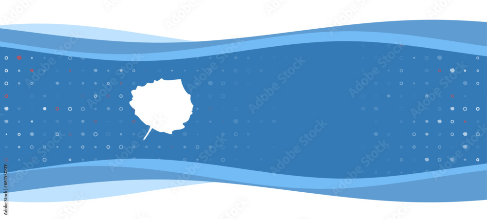 Fototapeta premium Blue wavy banner with a white aspen leaf symbol on the left. On the background there are small white shapes, some are highlighted in red. There is an empty space for text on the right side