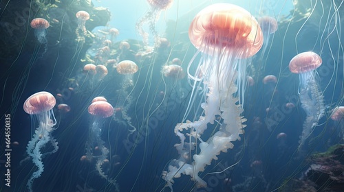  a group of jellyfish swimming in a blue sea water. generative ai