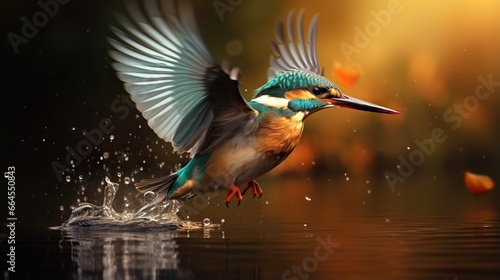  a colorful bird flying over a body of water next to a forest. generative ai
