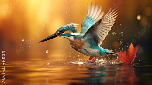  a bird with a long beak is in the water with a flower.  generative ai © Anna