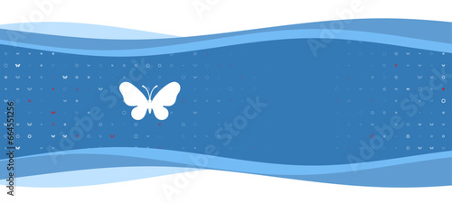 Blue wavy banner with a white butterfly symbol on the left. On the background there are small white shapes, some are highlighted in red. There is an empty space for text on the right side