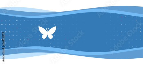 Blue wavy banner with a white butterfly symbol on the left. On the background there are small white shapes, some are highlighted in red. There is an empty space for text on the right side
