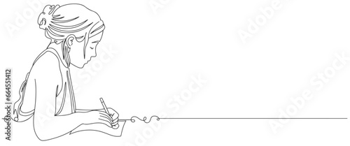 line art woman writing .line art drawing of a woman. Writer concept. Beautiful woman holding pen and book isolated on a white background. Vector