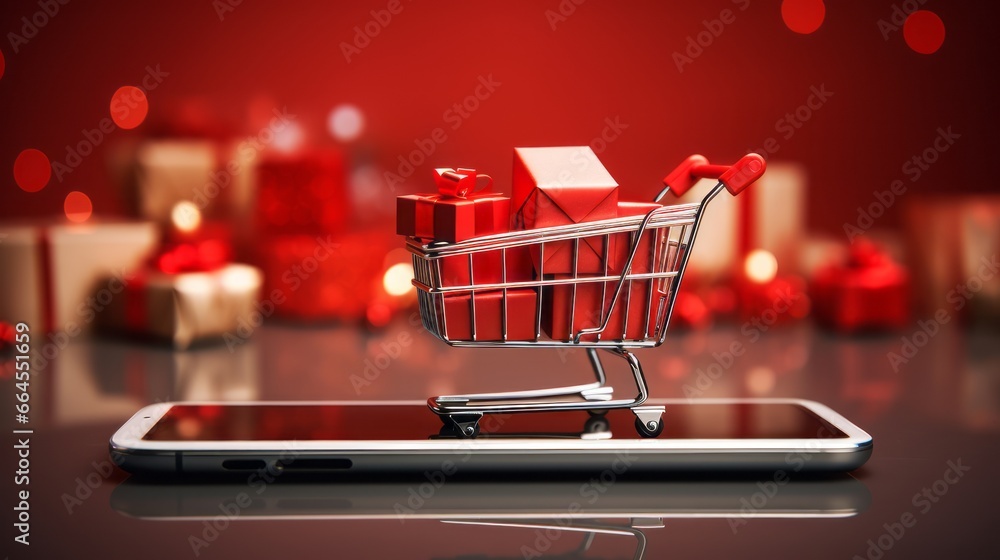 Christmas gifts in the shopping cart with smartphone for shopping online on red background, Christmas festival