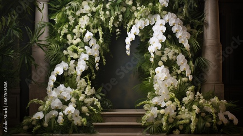 a cascading arrangement of white orchids and cascading greenery, resembling a lush waterfall of flowers. © Fahad