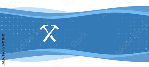 Blue wavy banner with a white crossed hammers symbol on the left. On the background there are small white shapes, some are highlighted in red. There is an empty space for text on the right side