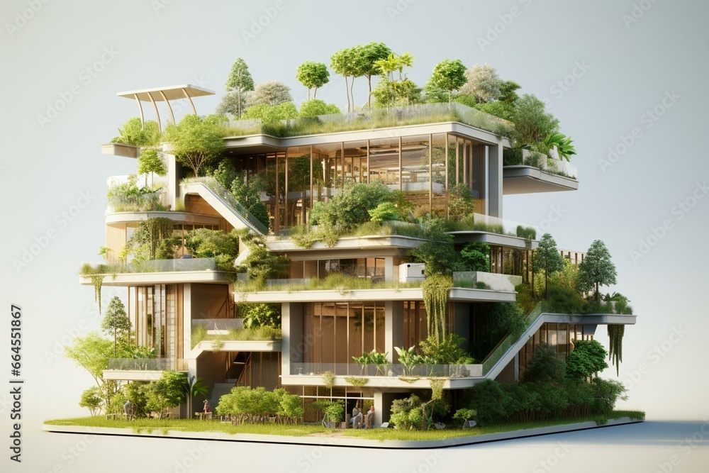 A 3D model of an environmentally friendly building. Generative AI
