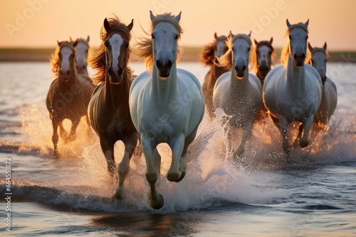 Gorgeous horses gallop gracefully by the shore. Generative AI © Jemima