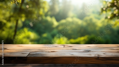 Empty wood table with blur green nature In the forest background.